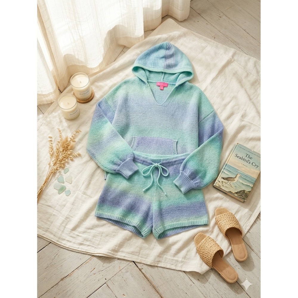 Lilly Pulitzer Wanetta Surf Blue Space Dye Ombre Knit Hoodie & Shorts Set  XS